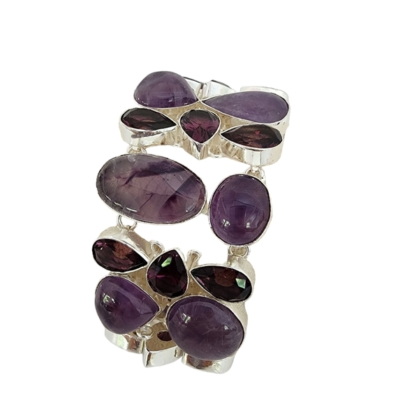 Amethyst statement silver gemstone bracelet chunky purple plum genuine Q05 - Picture 2 of 12